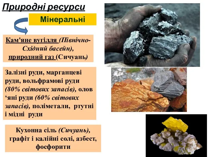 Мінеральні Кам'яне вугілля (Північно-Східний басейн), природний газ (Сичуань) Залізні руди, марганцеві руди,