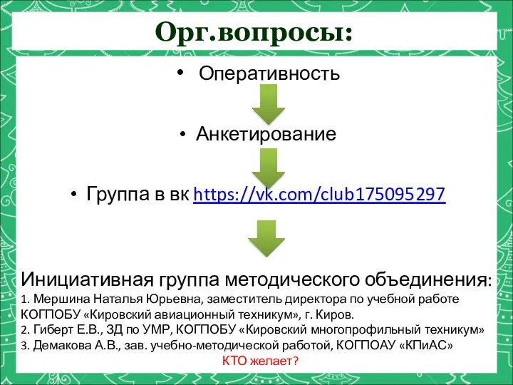 Орг.вопросы: Оперативность Анкетирование Группа в вк https://vk.com/club175095297 Инициативная группа методического объединения: 1.