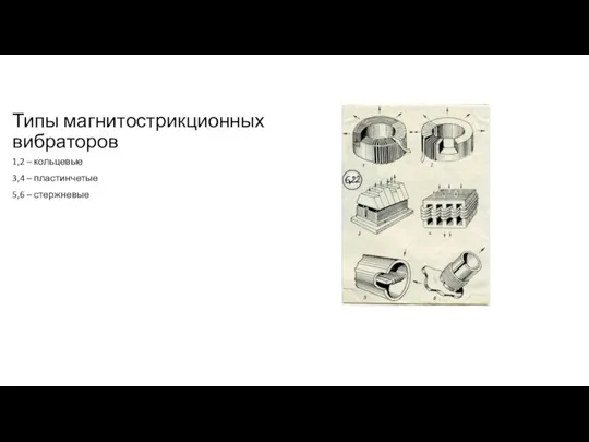 Типы магнитострикционных вибраторов 1,2 – кольцевые 3,4 – пластинчетые 5,6 – стержневые