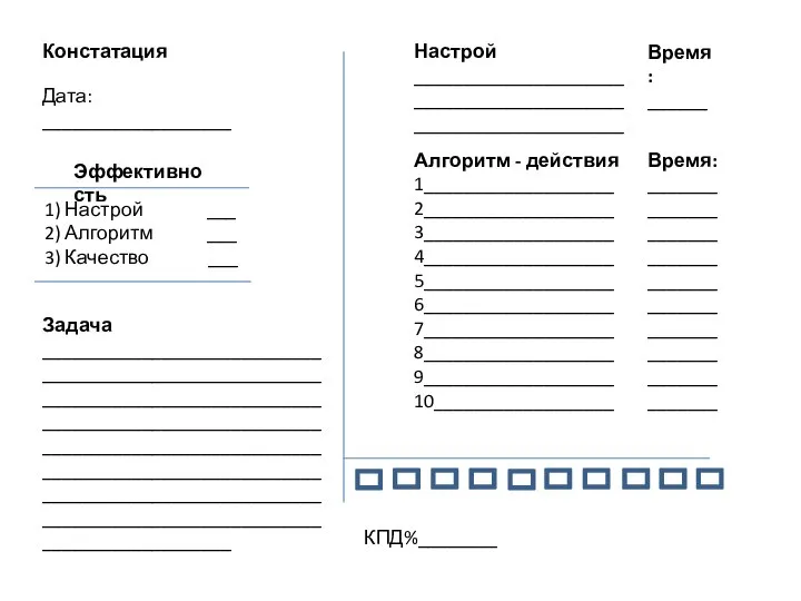 Констатация Дата: ___________________ 1) Настрой ___ 2) Алгоритм ___ 3) Качество ___