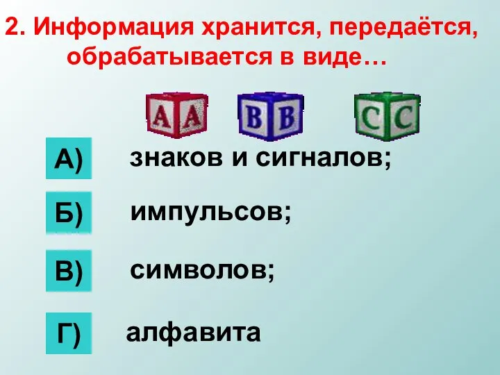 2. Информация хранится, передаётся, обрабатывается в виде… А) Б) В) Г) знаков