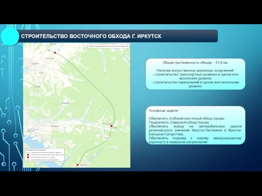 СТРОИТЕЛЬСТВО ВОСТОЧНОГО ОБХОДА Г. ИРКУТСК Общая протяженность обхода – 51,6 км. Наличие