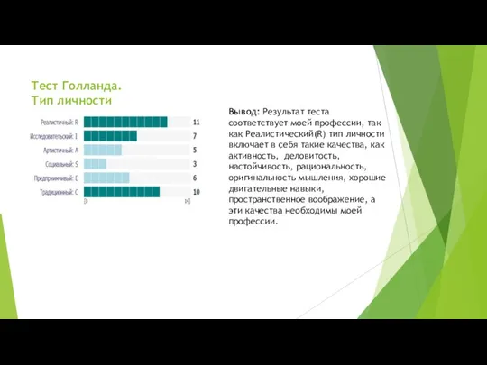 Тест Голланда. Тип личности Вывод: Результат теста соответствует моей профессии, так как