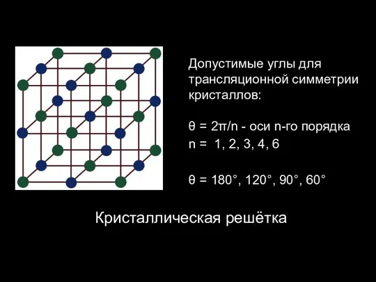 Кристаллическая решётка Допустимые углы для трансляционной симметрии кристаллов: θ = 2π/n -