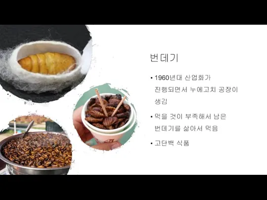 번데기 1960년대 산업화가 진행되면서 누에고치 공장이 생김 먹을 것이 부족해서 남은 번데기를 삶아서 먹음 고단백 식품