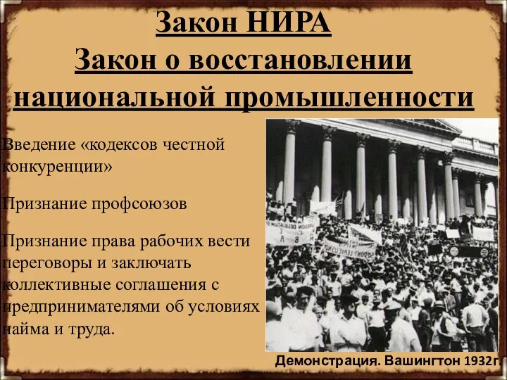 Закон НИРА Закон о восстановлении национальной промышленности Введение «кодексов честной конкуренции» Признание