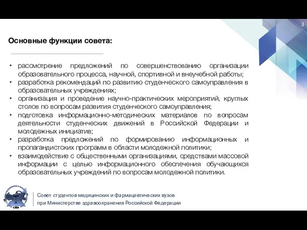 Основные функции совета: рассмотрение предложений по совершенствованию организации образовательного процесса, научной, спортивной