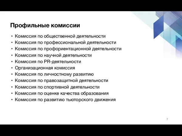 Профильные комиссии Комиссия по общественной деятельности Комиссия по профессиональной деятельности Комиссия по