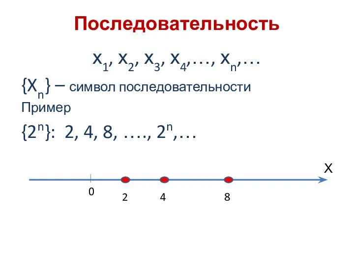 Последовательность х1, х2, х3, х4,…, хn,… {Xn} – символ последовательности Пример {2n}: