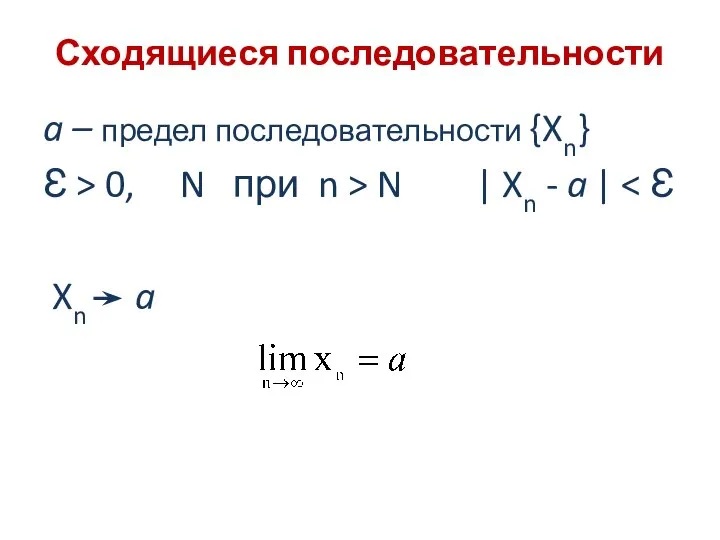 Сходящиеся последовательности a – предел последовательности {Xn} Ɛ > 0, N при
