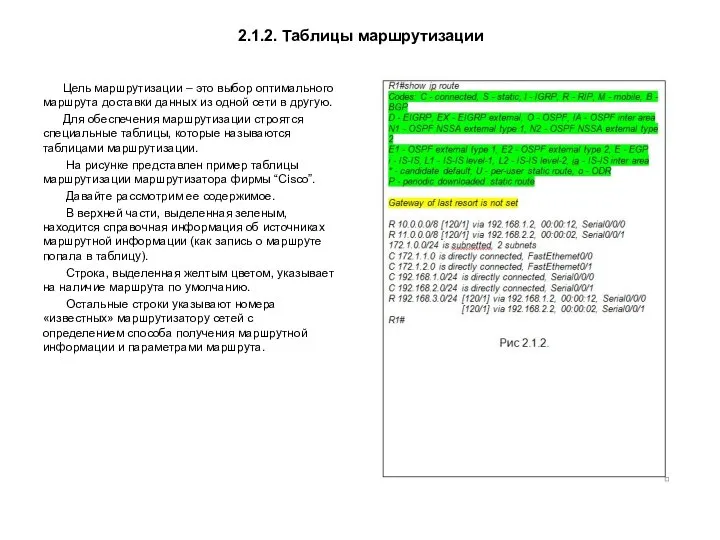 2.1.2. Таблицы маршрутизации Цель маршрутизации – это выбор оптимального маршрута доставки данных