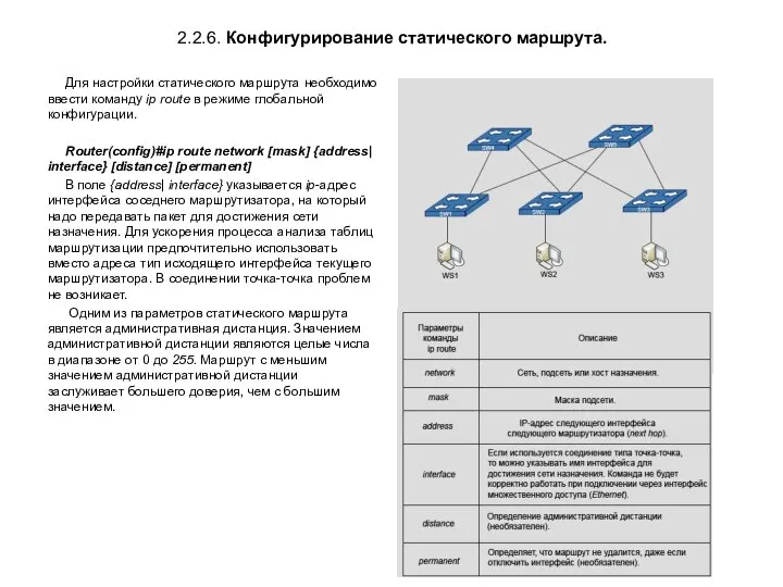 2.2.6. Конфигурирование статического маршрута. Для настройки статического маршрута необходимо ввести команду ip