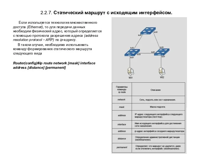 2.2.7. Статический маршрут с исходящим интерфейсом. Если используется технология множественного доступа (Ethernet),