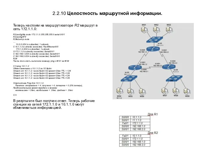 2.2.10 Целостность маршрутной информации. Теперь настоим на маршрутизаторе R2 маршрут в сеть