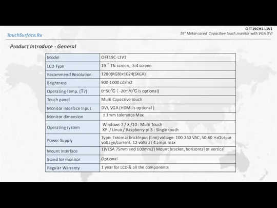 TouchSurface.Ru OFT19CH1-L1V1 19" Metal-cased Capacitive touch monitor with VGA DVI Product Introduce - General