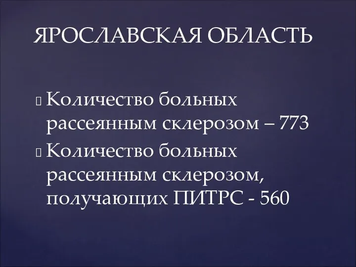 ЯРОСЛАВСКАЯ ОБЛАСТЬ Количество больных рассеянным склерозом – 773 Количество больных рассеянным склерозом, получающих ПИТРС - 560