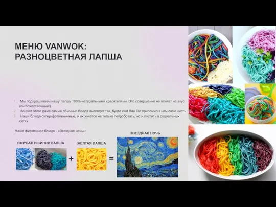 МЕНЮ VANWOK: РАЗНОЦВЕТНАЯ ЛАПША Мы подкрашиваем нашу лапшу 100%-натуральными красителями. Это совершенно