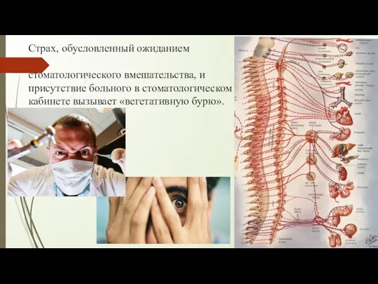 Страх, обусловленный ожиданием стоматологического вмешательства, и присутствие больного в стоматологическом кабинете вызывает «вегетативную бурю».