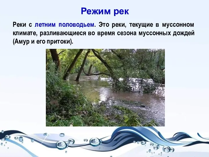 Реки с летним половодьем. Это реки, текущие в муссонном климате, разливающиеся во