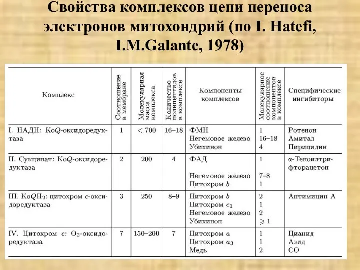 Свойства комплексов цепи переноса электронов митохондрий (по I. Hatefi, I.M.Galante, 1978)