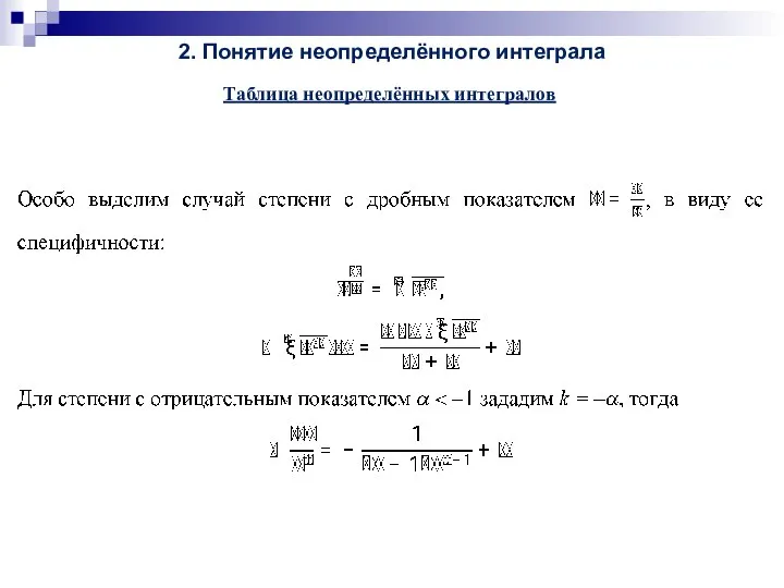 2. Понятие неопределённого интеграла Таблица неопределённых интегралов