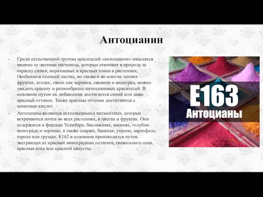 Антоцианин Среди естественной группы красителей «антоцианов» находятся именно те цветные пигменты, которые