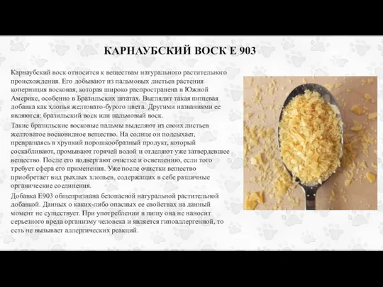 КАРНАУБСКИЙ ВОСК Е 903 Карнаубский воск относится к веществам натурального растительного происхождения.