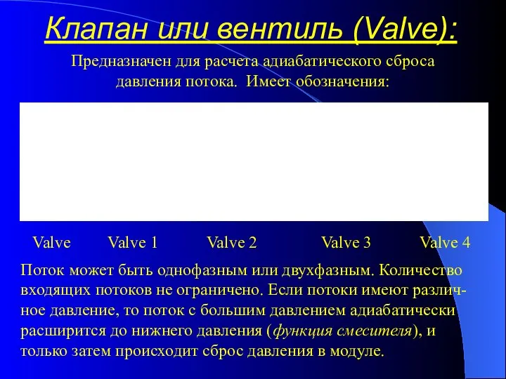 Клапан или вентиль (Valve): Предназначен для расчета адиабатического сброса давления потока. Имеет