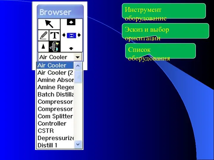 Инструмент оборудование Эскиз и выбор ориентации Список оборудования