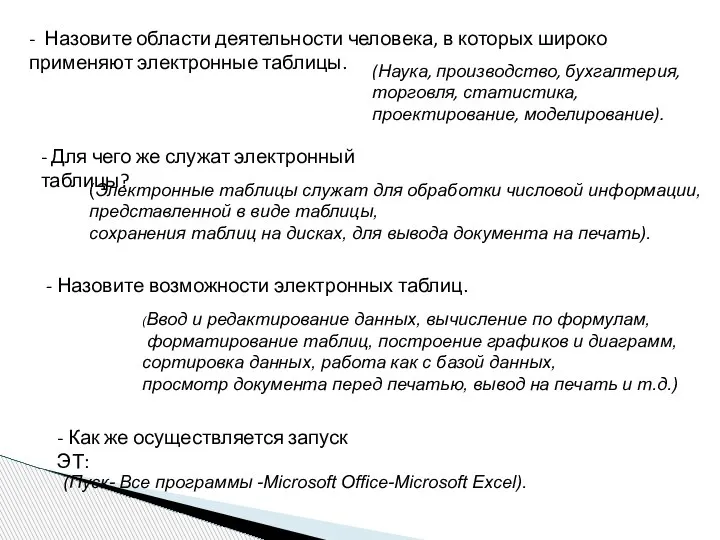 - Назовите области деятельности человека, в которых широко применяют электронные таблицы. (Наука,