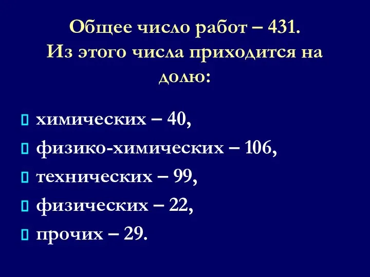 Общее число работ – 431. Из этого числа приходится на долю: химических