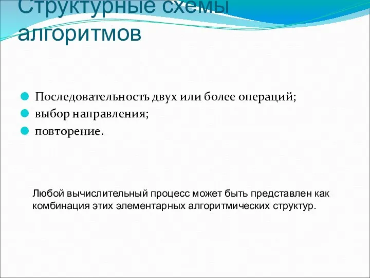 Структурные схемы алгоритмов Последовательность двух или более операций; выбор направления; повторение. Любой