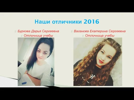 Буркова Дарья Сергеевна Отличница учебы Наши отличники 2016 Ваганова Екатерина Сергеевна Отличница учебы