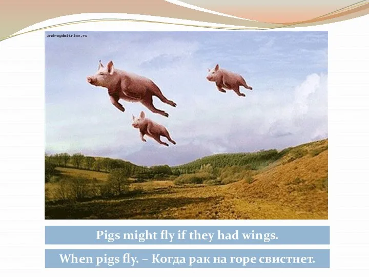 When pigs fly. – Когда рак на горе свистнет. Pigs might fly if they had wings.