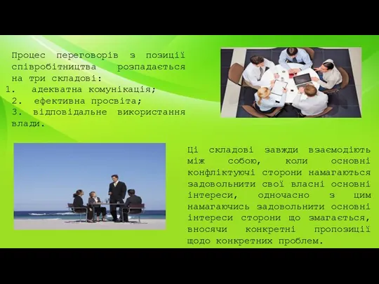 Процес переговорів з позиції співробітництва розпадається на три складові: адекватна комунікація; 2.