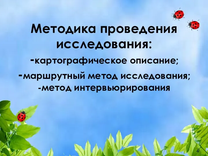 Методика проведения исследования: -картографическое описание; -маршрутный метод исследования; -метод интервьюрирования 4