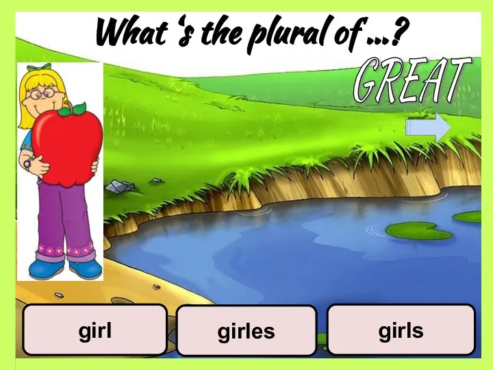 What ‘s the plural of …? girles girls girl GREAT