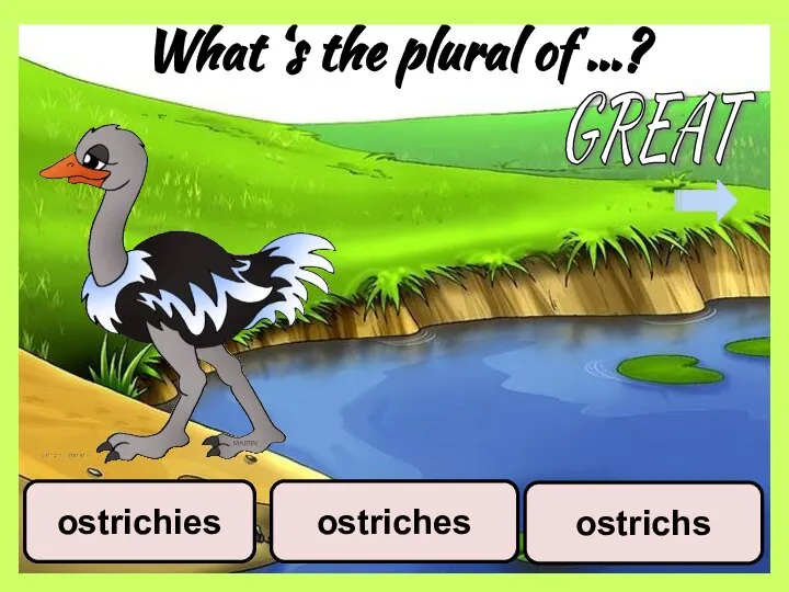 What ‘s the plural of …? ostrichs ostriches ostrichies GREAT