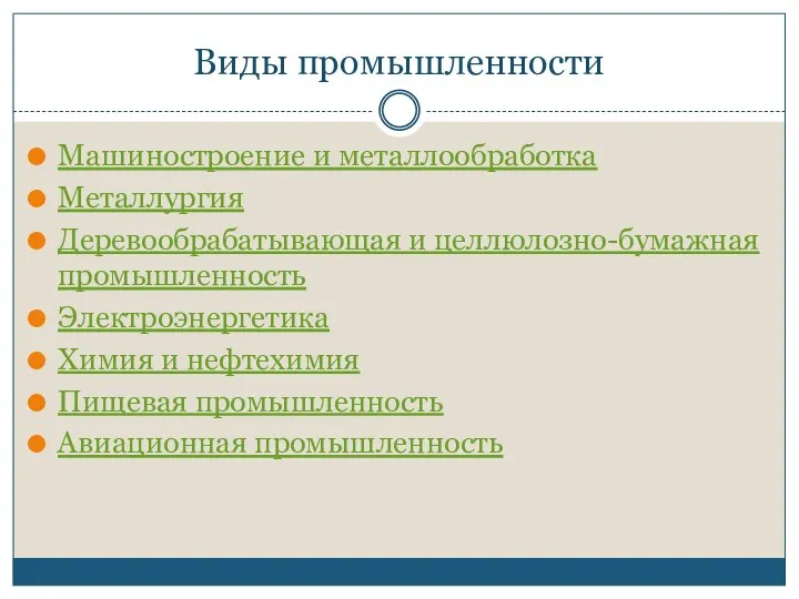 Виды промышленности Машиностроение и металлообработка Металлургия Деревообрабатывающая и целлюлозно-бумажная промышленность Электроэнергетика Химия