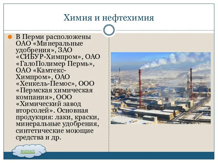 Химия и нефтехимия В Перми расположены ОАО «Минеральные удобрения», ЗАО «СИБУР-Химпром», ОАО