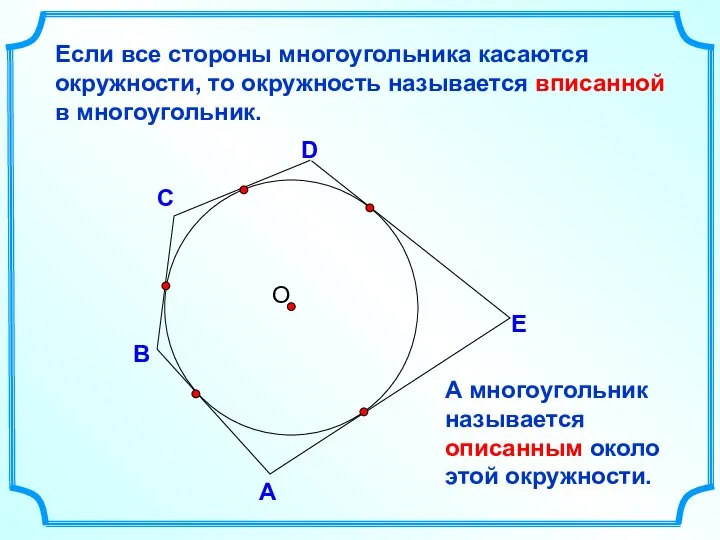 D В С Если все стороны многоугольника касаются окружности, то окружность называется