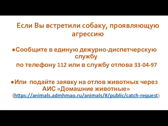 Если Вы встретили собаку, проявляющую агрессию Сообщите в единую дежурно-диспетчерскую службу по