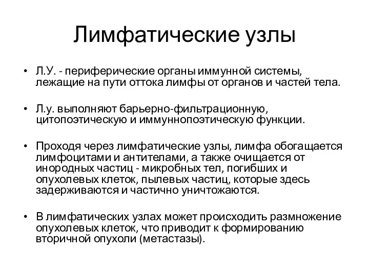 Лимфатические узлы Л.У. - периферические органы иммунной системы, лежащие на пути оттока