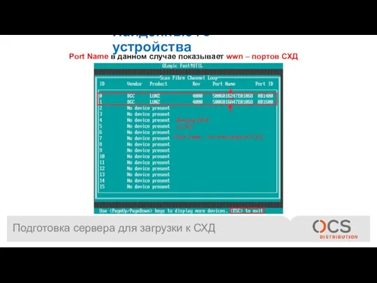 Подготовка сервера для загрузки к СХД Найденные FC устройства Port Name в