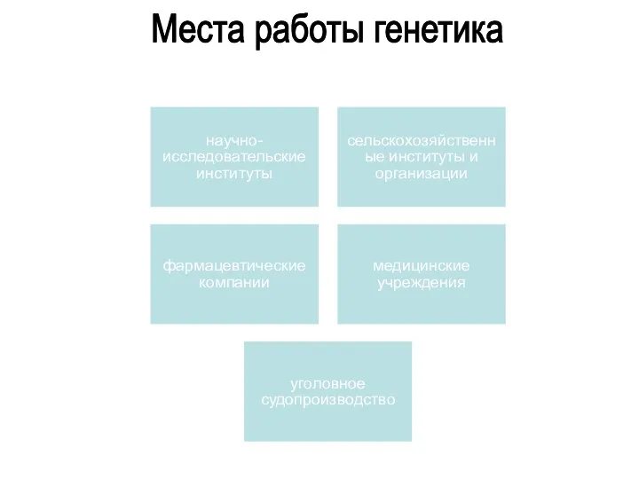 научно-исследовательские институты сельскохозяйственные институты и организации фармацевтические компании медицинские учреждения уголовное судопроизводство Места работы генетика