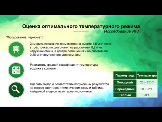 Оценка оптимального температурного режима Исследование №3 Оборудование: термометр Замерить показания термометра на