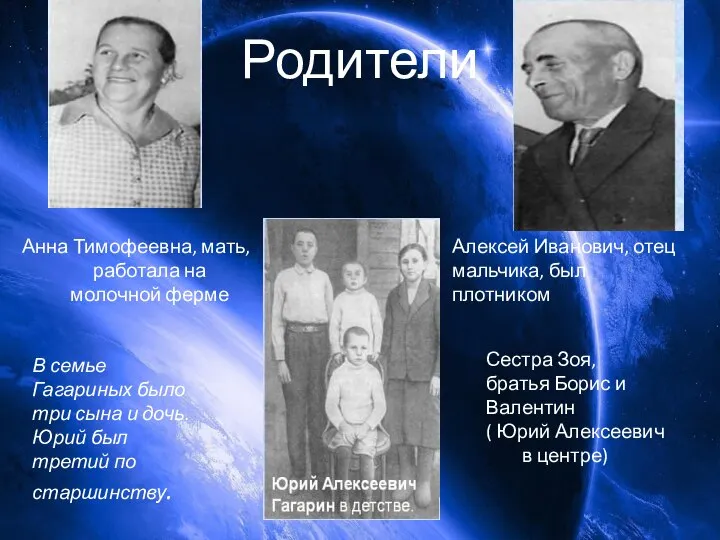 Родители Анна Тимофеевна, мать, работала на молочной ферме Алексей Иванович, отец мальчика,