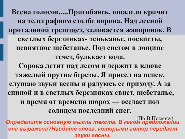 Весна голосов.....Пригибаясь, ошалело кричит на телеграфном столбе ворона. Над лесной проталиной трепещет,