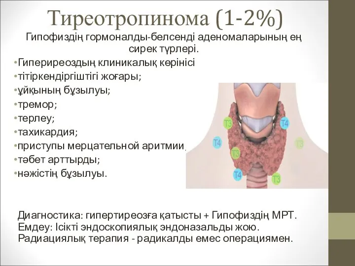 Тиреотропинома (1-2%) Гипофиздің гормоналды-белсенді аденомаларының ең сирек түрлері. Гипериреоздың клиникалық көрінісі тітіркендіргіштігі