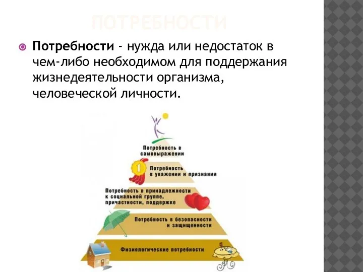 ПОТРЕБНОСТИ Потребности - нужда или недостаток в чем-либо необходимом для поддержания жизнедеятельности организма, человеческой личности.